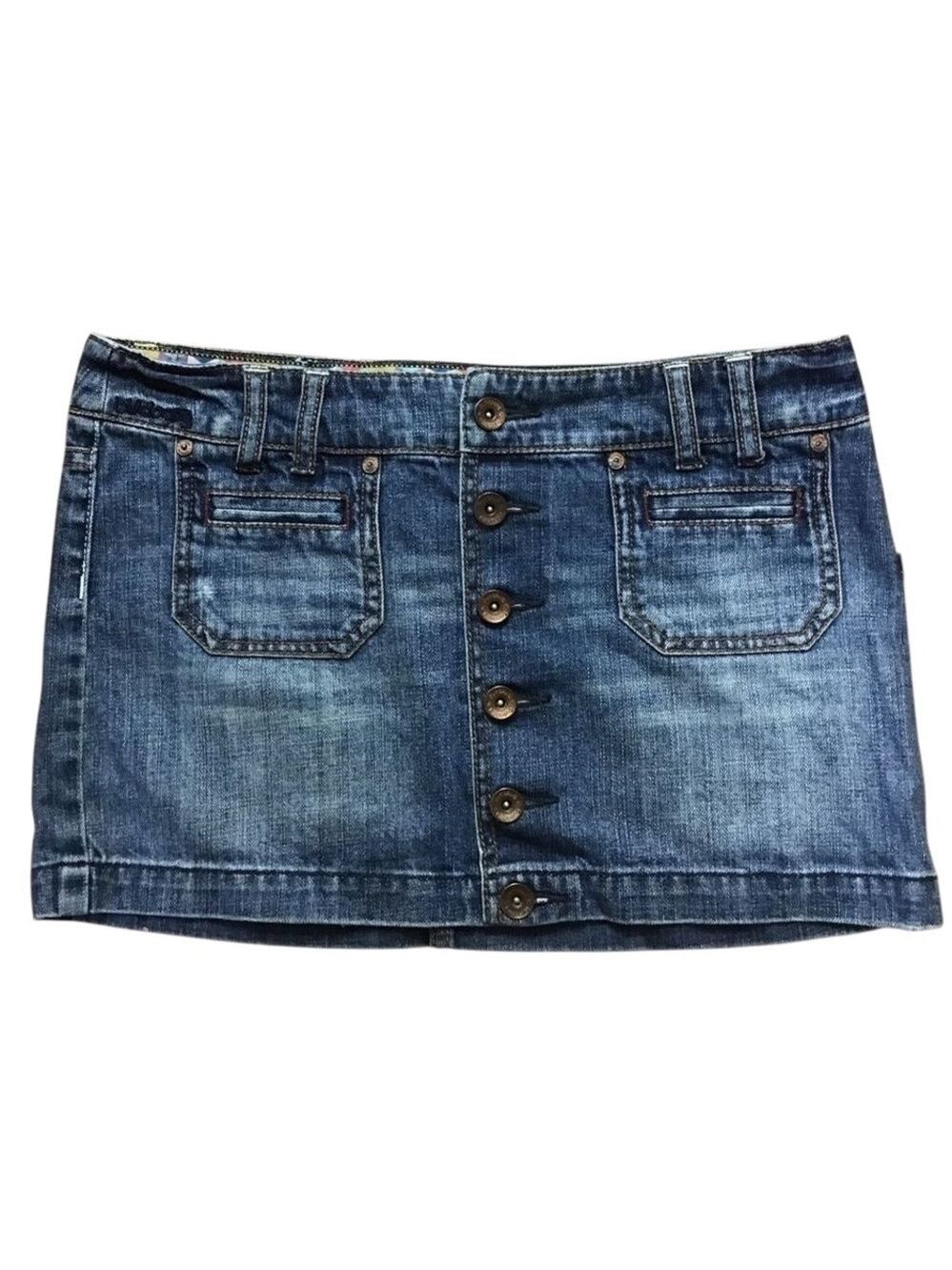 𝅺BILLABONG mini jeans skirt size 5 button up sexy low rise 100% cotton skater